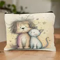 Linen makeup bag with cute cat and dog print, versatile zipper storage pouch. - Cartoon Cat & Dog Print Style 19 (HZB251112--19)
