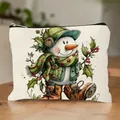 Borsa da trucco natalizia in lino con illustrazione di pupazzo di neve e bacche di agrifoglio - Stile Pupazzo Di Neve Con Cilindro Verde E Stivali In Pelle (HZB250915--12) / Confezione da 10