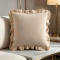 Retro square beige cushion cover with elegant ruffled wood ear edges for sofa and bed decor - Lotus Khaki / 45x45cm (One Piece Without Core)
