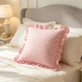 Pink gingham ruffled pillowcase in American retro style for bedroom decor - Grid Pink / 45x45cm (One Piece Without Core)