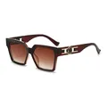 High-end square burgundy sunglasses featuring brown gradient lenses and golden metal temples - Glossy Tea Frame Gradient Tea Lens