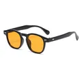 Retro round frame sunglasses with orange lenses and silver rivets in black finish for men - Black Frame Orange Lens