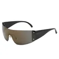 Futuristic Y2K wraparound sunglasses with rimless brown lenses and silver star details. - Black Temple Brown Tea Lens