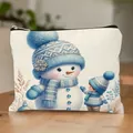 Borsa cosmetica in tela con illustrazione pupazzo di neve e bambino per Natale con zip - Stile Grande Pupazzo Di Neve Con Cappello Blu E Bambino (HZB250915--22) / Confezione da 10