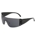 Futuristic Y2K shield style wraparound sunglasses with star studs in black finish - Black Legs Black Gray Lens