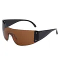 Futuristic Y2K rimless brown shield sunglasses with decorative silver star accents - Black Temple Tea Lens