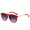 Stylish oversized sunglasses for women with red transparent frames and gold metal temples. - Wine Red Frame Gradient Gray Lens