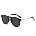 Fashionable oversized sunglasses featuring black frames and elegant gold metal temples - Bright Black Frame Grey Lens