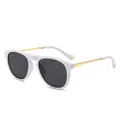 Trendy women's oversized sunglasses featuring white large frame and elegant gold metal temples - Porcelain White Frame Grey Lens