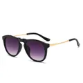 Trendy oversized sunglasses with golden metal temples and purple gradient lenses for women - Glossy Black Frame Gradient Grey Lens