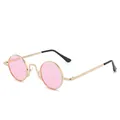 Retro round sunglasses featuring small pink lenses and a gold-colored metal frame. - Gold Frame Pink Lens
