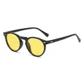 Retro round black frame sunglasses with vibrant yellow lenses and silver rivet accents - Bright Black Frame Yellow Lens