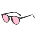 Classic retro round sunglasses with black frames, pink lenses and decorative rivets - Bright Black Frame Pink Lens