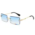 Fashionable rimless rectangular sunglasses with gradient blue lenses and gold temples - Gold Frame Gradient Blue Lens