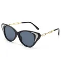 Modieuze cat-eye zonnebril met unieke gouden kettingpootjes en glitteraccenten. - Zwart Frame Zwart Grijze Glazen