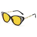 Trendy kattenoog zonnebril met gele glazen en gouden kettingpoten. - Zwart Frame Gele Lenzen