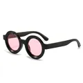 Trendy thick round sunglasses featuring a black frame and transparent pink lenses - Black Frame Pink Lens