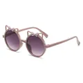 Cute pink cat ear sunglasses for kids with bow accents and purple gradient lenses - Tea Pink Frame Gradient Grey Lens