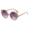 Pink round children's sunglasses with yellow flower accents and gradient lenses - Tea Pink Frame Gradient Grey Lens