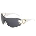 Lunettes de soleil Y2K stylées avec détail cœur doré, monture blanche et gris. - Monture Argentée Verres Gris Branche Blanche