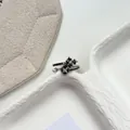 Macro detail of a vintage oxidized silver floral open ring with pearl and cubic zirconia - Double Layer Pearl Flower Style (J7934) / Adjustable Open / Antique Silver