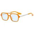 Retro oranje vierkante pilotenzonnebril met lichtblauw getinte glazen en metalen pootjes - Oranje frame blauwe lens