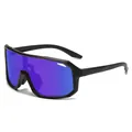 Oversized sports cycling sunglasses with purple mirrored shield lens and black frame - Black Frame Blue Mirrored Lens