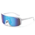 White frame sports sunglasses with large blue mirrored lens for cycling and UV protection. - White Frame Blue Mirrored Lens