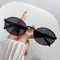 Stylish retro oval metal sunglasses featuring dark black lenses for a vintage look - Black Frame Grey Lens