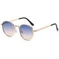 Retro ronde metalen zonnebril met blauw-roze kleurverloop en een gouden frame - Gouden Frame Blauw Roze Lens