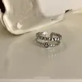 Close-up detail of vintage silver double-layer ring with smiley face and hearts - Double Layer Smiley Face Open Ring (J7576)