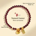 Wine red natural garnet beaded bracelet with gold luck charms, 5mm beads - Money Bag Style / 5.5mm Bead Diameter / Burgundy