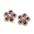 Elegant blue petal flower stud earrings with shimmering zircon accents in gold plating - Blue