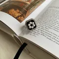 Bague ouverte vintage en argent sterling 925 avec émail noir et motif fleur de perle - 黑底方形花指环