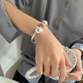 Minimalist 925 sterling silver double ball open cuff bracelet for women stylish jewelry - Large Version (SL0415) / Silver