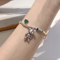 Bracelet massif en argent sterling 925 avec ours graffiti et pierre gemme verte - Bracelet Perlé avec Ours Graffiti et Strass Vert (SL0662)