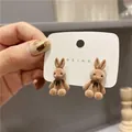 Dettaglio macro di orecchini a lobo a forma di coniglio di peluche su carta REINA - Coniglio Marrone