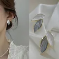 Korean style minimalist bicolor leaf stud earrings with gold finish for women - Blue