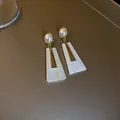 Elegant geometric trapezoid earrings with faux pearl and white marble texture - 44# Silver Post - White (Geometric Trapezoid)
