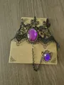 Collana choker in pizzo nero gotico con cristallo viola e set di anelli coordinati - Bracciale a mano (5180)