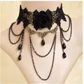 Collana choker gotica in pizzo nero con rosa e catene a goccia nere a cascata - Collana (N3115)