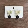 Orecchini a fiocco dorati alla moda con perle nere e strass scintillanti da donna eleganti - Perla Nera Fiocco / Nero