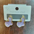 Detail of vintage French geometric cloud stud earrings with lavender enamel and gold borders. - Geometric Cloud Style / Purple