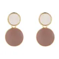 Close-up of elegant double circle enamel stud earrings with gold trim in dusty pink and white - Pink