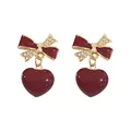 Elegant burgundy heart earrings with crystal bowknot and pearl detail, luxury style - Dark Red