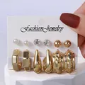 Fashionable gold-toned earring set featuring C-shape hoops and teardrop studs for women - Artificial Pearl Rhinestone Geometric Set (TZ025) / 6 Pairs Set / Gold