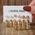 6-pair gold-tone earring set with studs and hoops on a white display card - Artificial Pearl Rhinestone Twisted Set (TZ029) / 6 Pairs Set / Gold