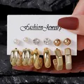 Fashionable golden earring set including C-shaped hoops, pearls and rhinestones - Artificial Pearl Rhinestone C-Hoop Set (TZ027) / 6 Pairs Set / Gold