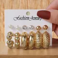 Set of six gold-toned fashion earrings featuring C-shape hoops and textured studs - Artificial Pearl Ball Embossed Set (TZ028) / 6 Pairs Set / Gold