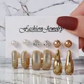 Gold fashion earring set with pearl studs and textured C-shaped hoops in a multi-pair pack - Artificial Pearl Rhinestone Striped Set (TZ024) / 6 Pairs Set / Gold